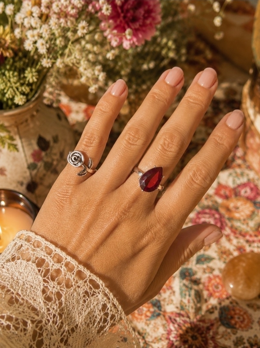 4/$15 Cottagecore Garden Rose Red Gem Ring Set Silver Tone Sz 6 & 7.5